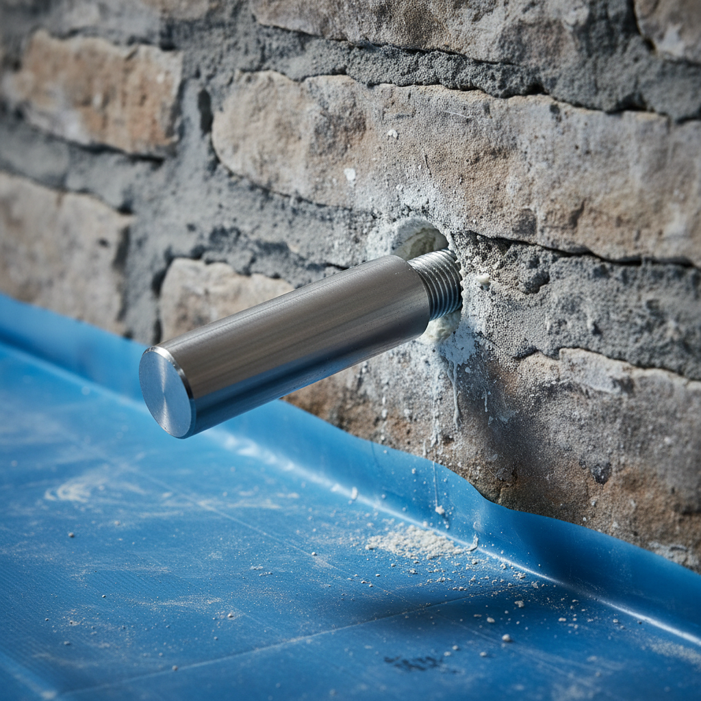 A macro, photographic shot of a metal injection packer after the completion of water insulation in a stone wall, the packer being carefully extracted to show the process. The rough stone has muted gray and taupe tones and contrasts with the polished, cylindrical steel packer. The immediate environment is a cleanly prepped construction area with plastic sheeting pressed neatly against the base of the wall. Indirect, cool studio lighting ensures minimal shadows, highlighting the textures and clean edges. The composition is tightly cropped and centered, evoking a sense of detail-oriented professionalism. The mood is calm and confident; the image’s structured, photographic realism supports the site’s professional and trustworthy business approach.