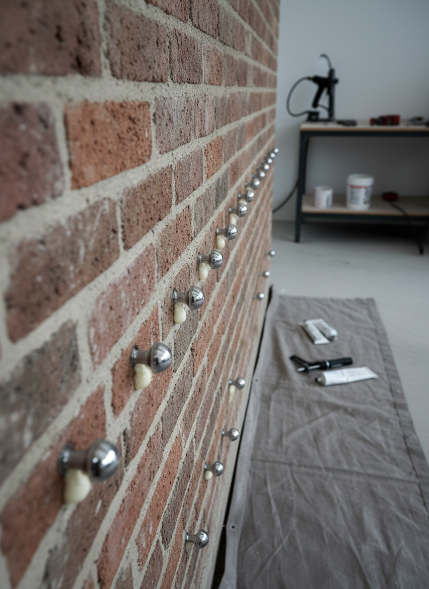 A highly detailed, photographic depiction of a freshly injected masonry wall, focusing on the subtle textures of the brick and mortar. Metallic packers are visible, recessed into precise, small borings filled near completion. The wall stands against a structured, uncluttered workspace, with neutral gray tarps covering the floor for protection. Cool, neutral daylight filters across the scene from above, providing crisp illumination and revealing the slight sheen of moisture near treated areas. The mood is focused and orderly, conveying trustworthiness and technical precision. Shot from a slightly elevated angle with sharp overall clarity, using symmetrical framing to reinforce the methodical process. The clean lines and balanced composition lend a modern, corporate visual style aligned with water insulation service excellence.
